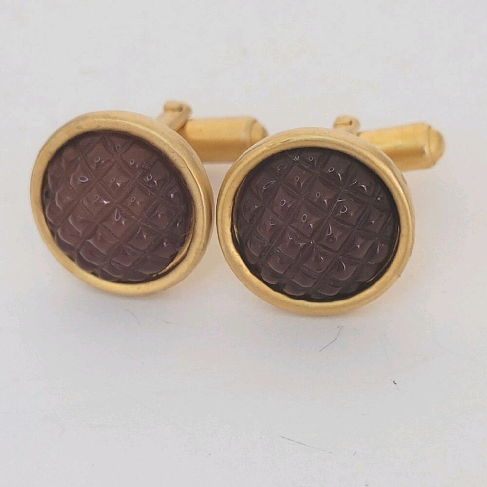 Anne Klein Gold Brown Cabochon Tone Cufflinks‎ Vintage Round Retro Bullet